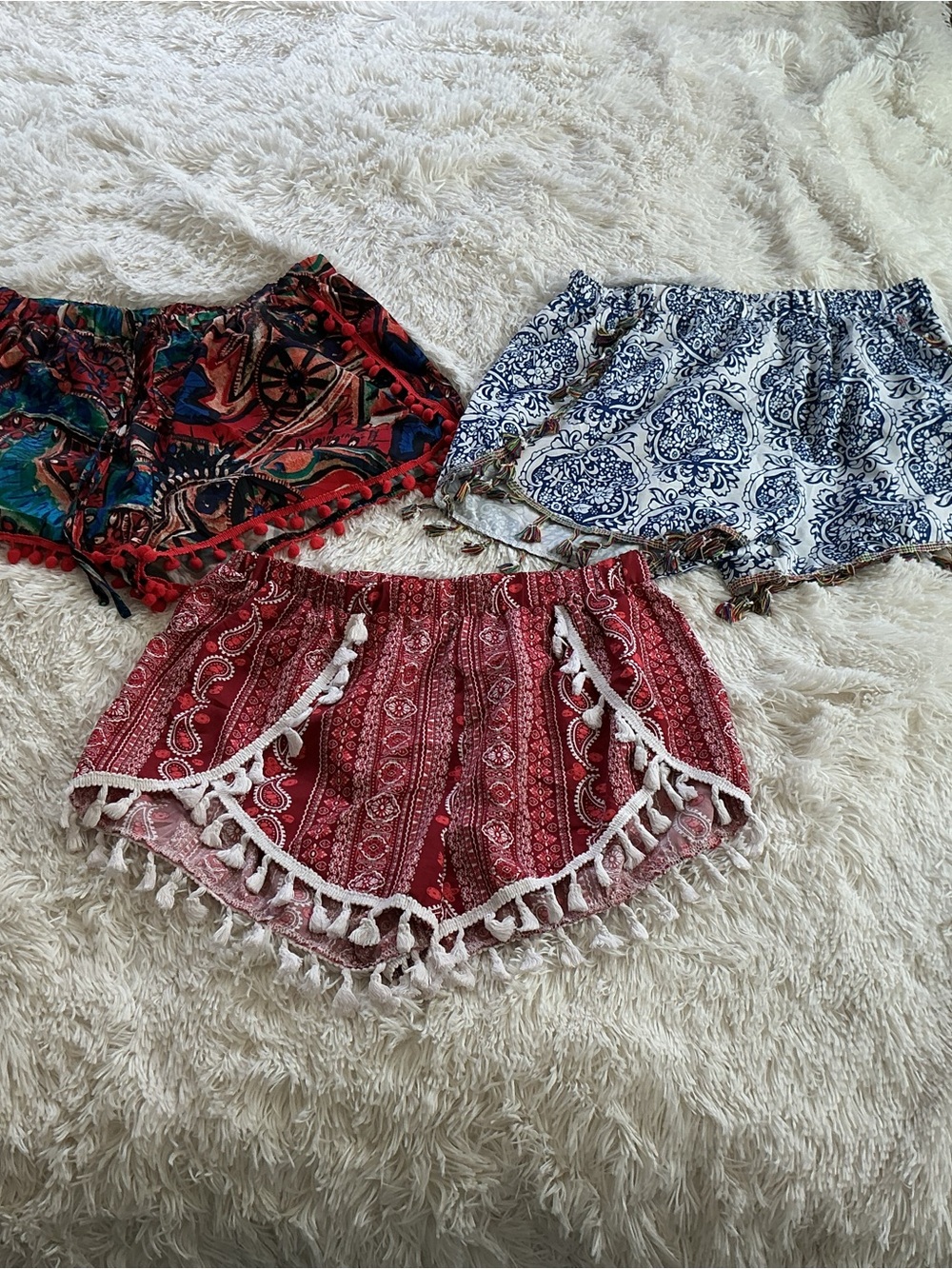 Bundle of 3 Shein Boho Red Tassel Trim Women's Shorts Sizes L & XL